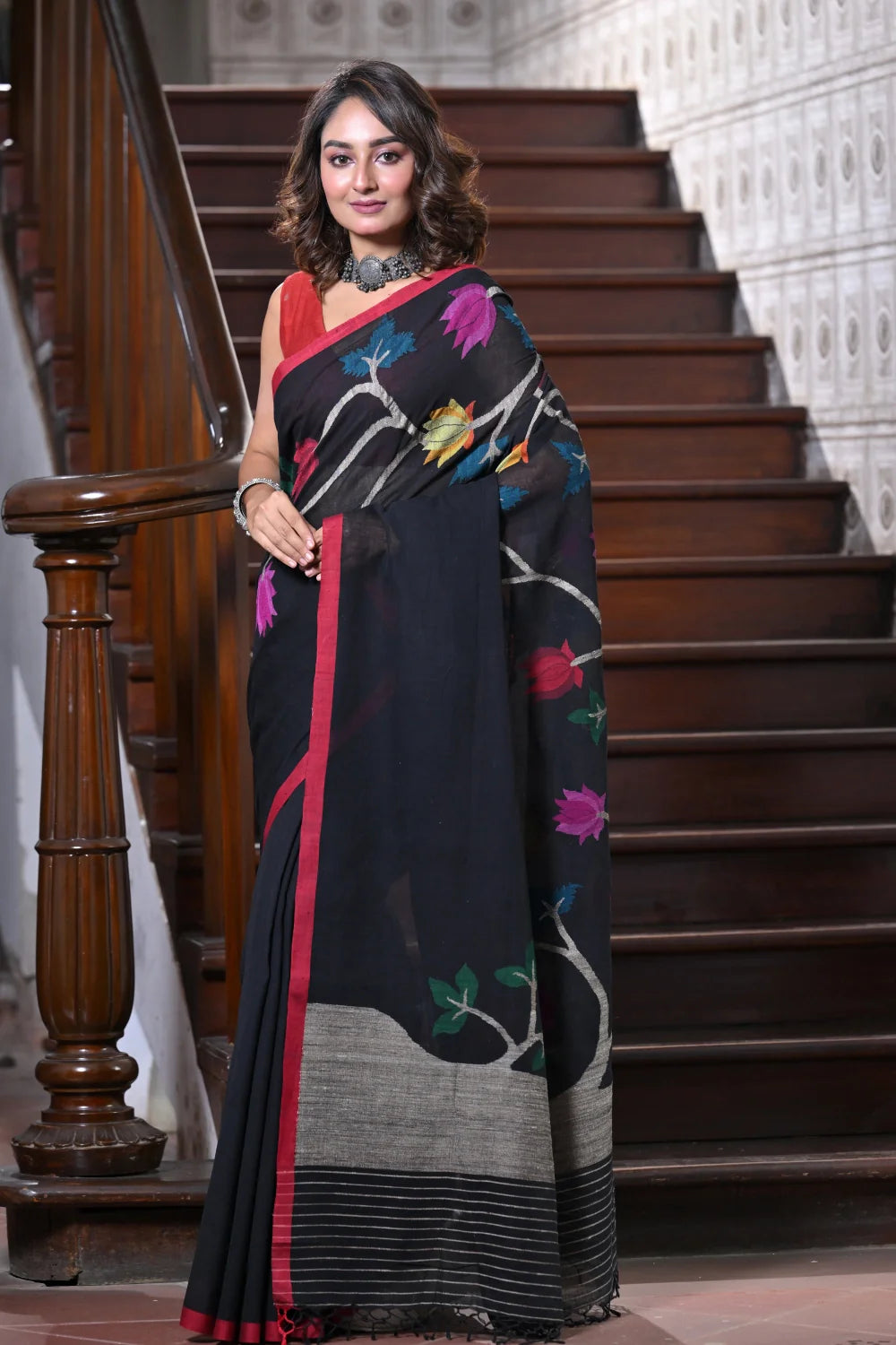 Handloom Black Soft Cotton Jamdani Saree With Multi Colour Floral Motifs