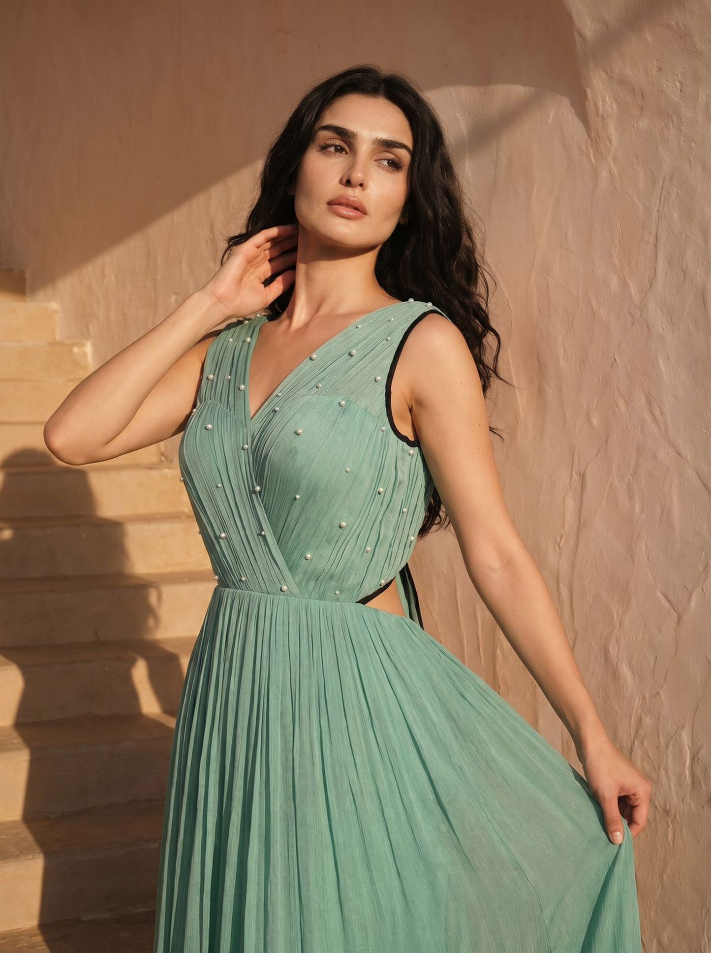 Sage Green Pearl Embellished Chinon Party Wear Maxi Dress
