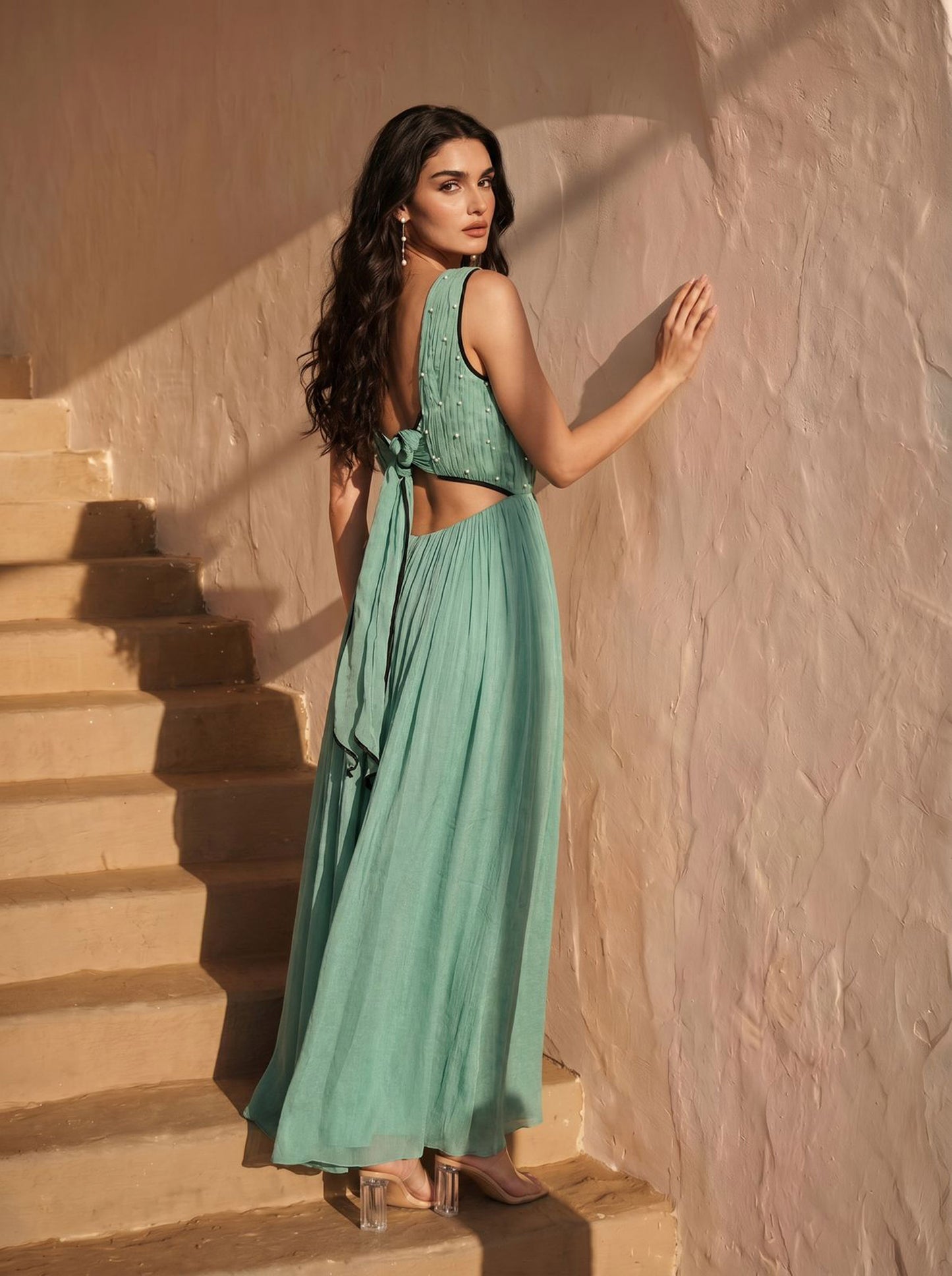Sage Green Pearl Embellished Chinon Party Wear Maxi Dress