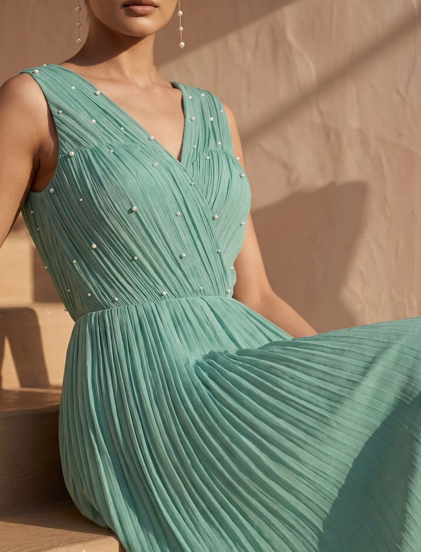 Sage Green Pearl Embellished Chinon Party Wear Maxi Dress