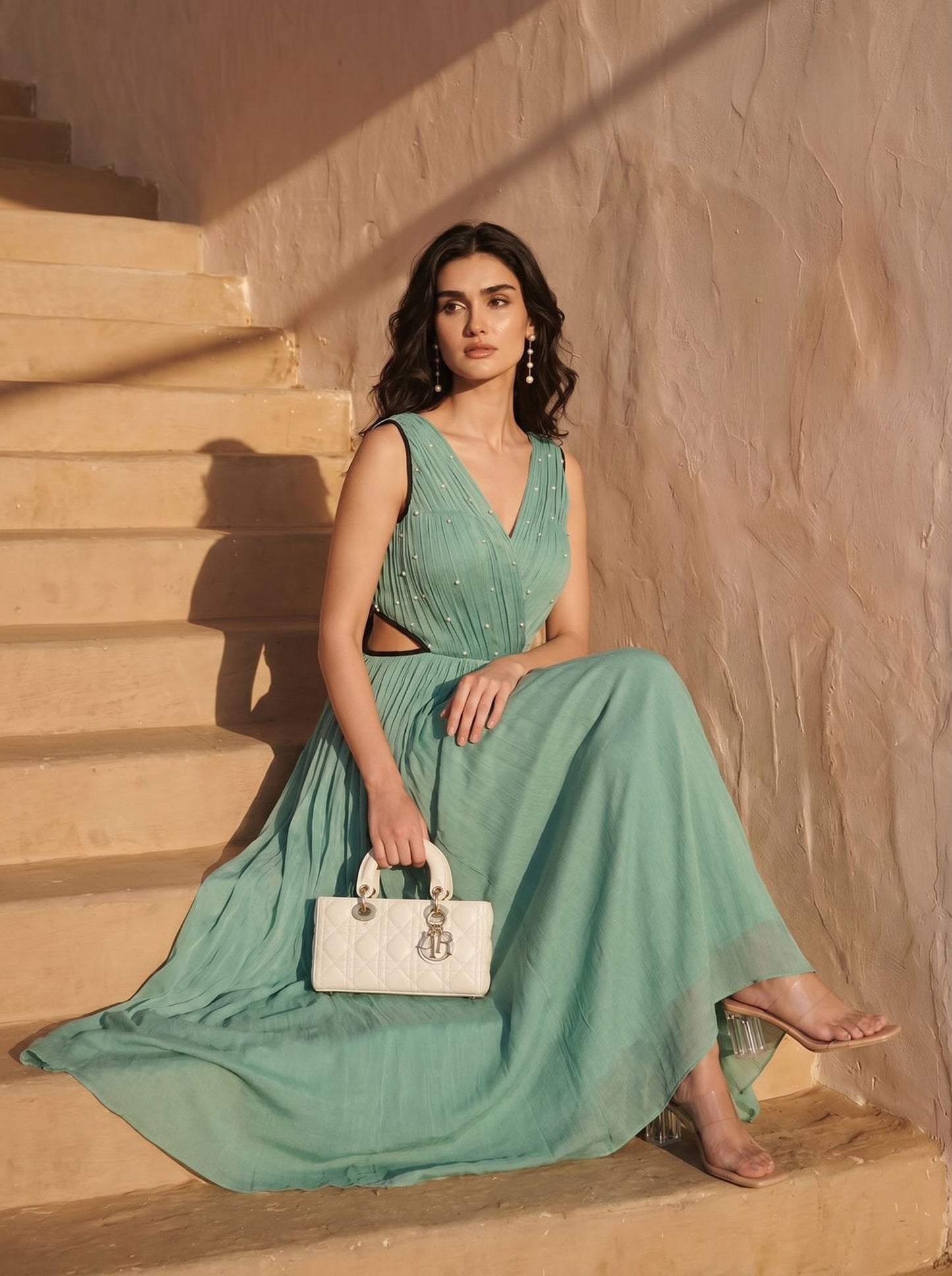Sage Green Pearl Embellished Chinon Party Wear Maxi Dress