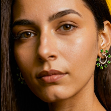 Zevar Club Oxidised Silver-Plated Emerald Green AD Studded Half-Hoop Earrings
