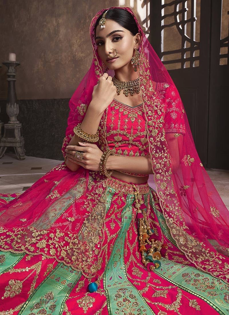 Sea green Banarasi Silk Embroidered Umbrella Bridal Lehenga