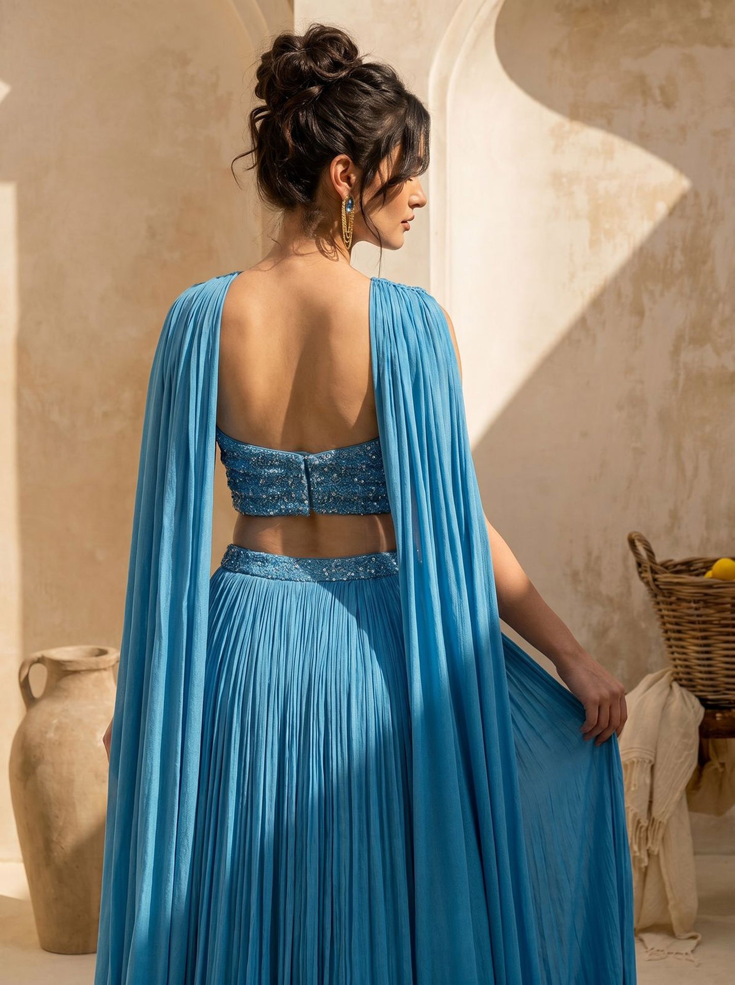 Sky-blue Corset Pure Chinnon Cutdana & Sequence Hand Work Party Wear pleated Skirt & Dupatta