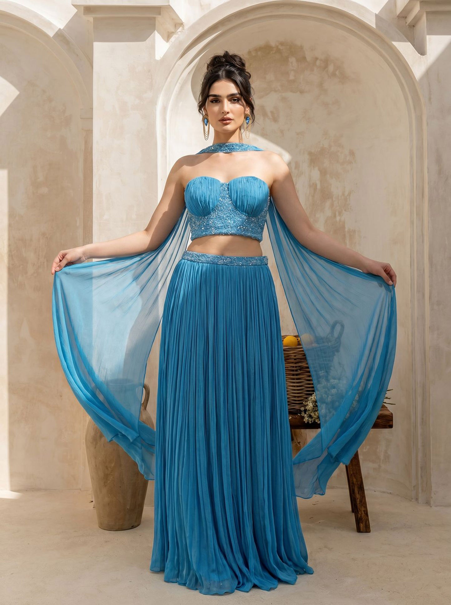 Sky-blue Corset Pure Chinnon Cutdana & Sequence Hand Work Party Wear pleated Skirt & Dupatta
