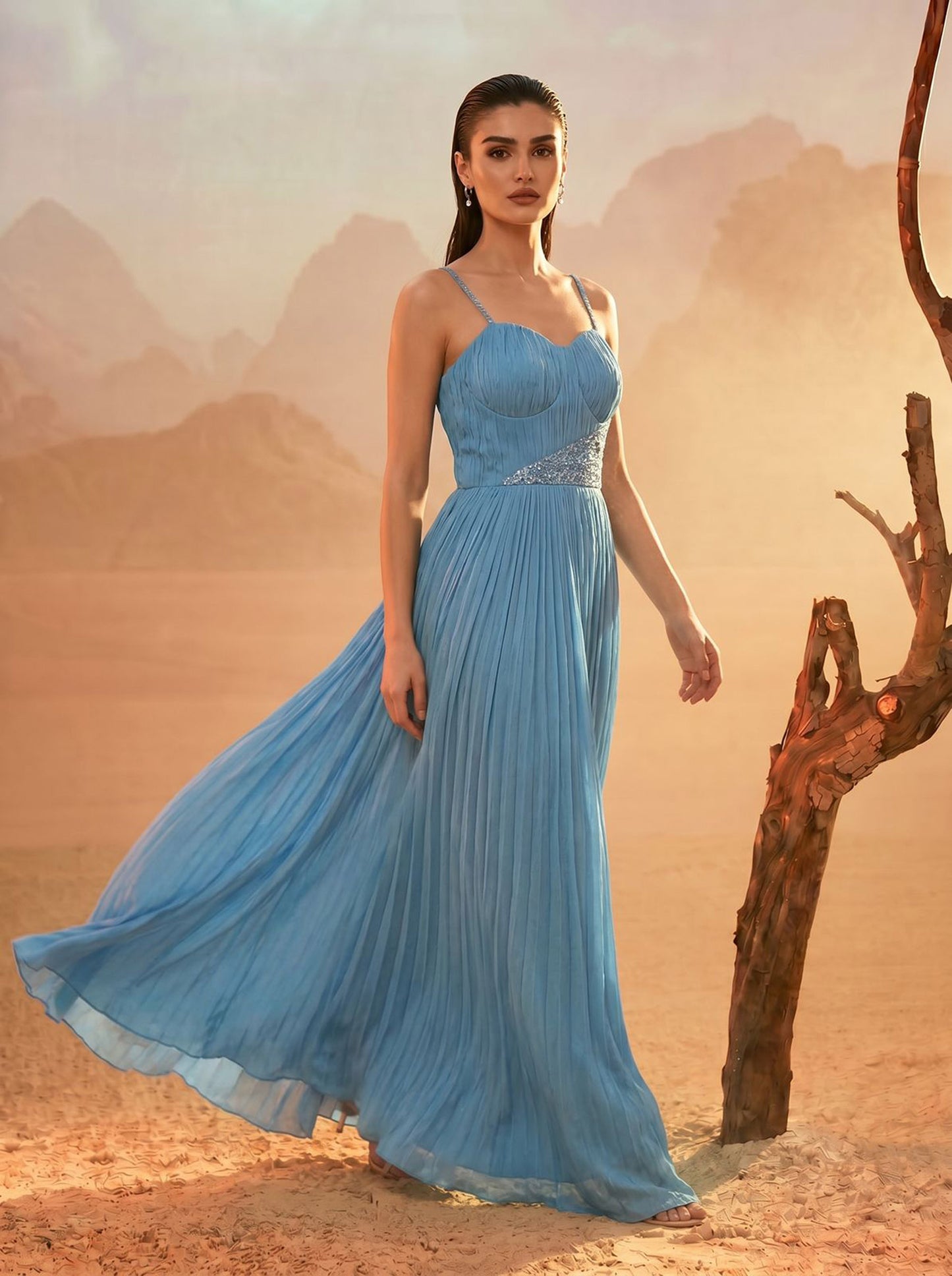 Sky-blue One-Shoulder Pure Chinnon Party Wear Pleated Gown