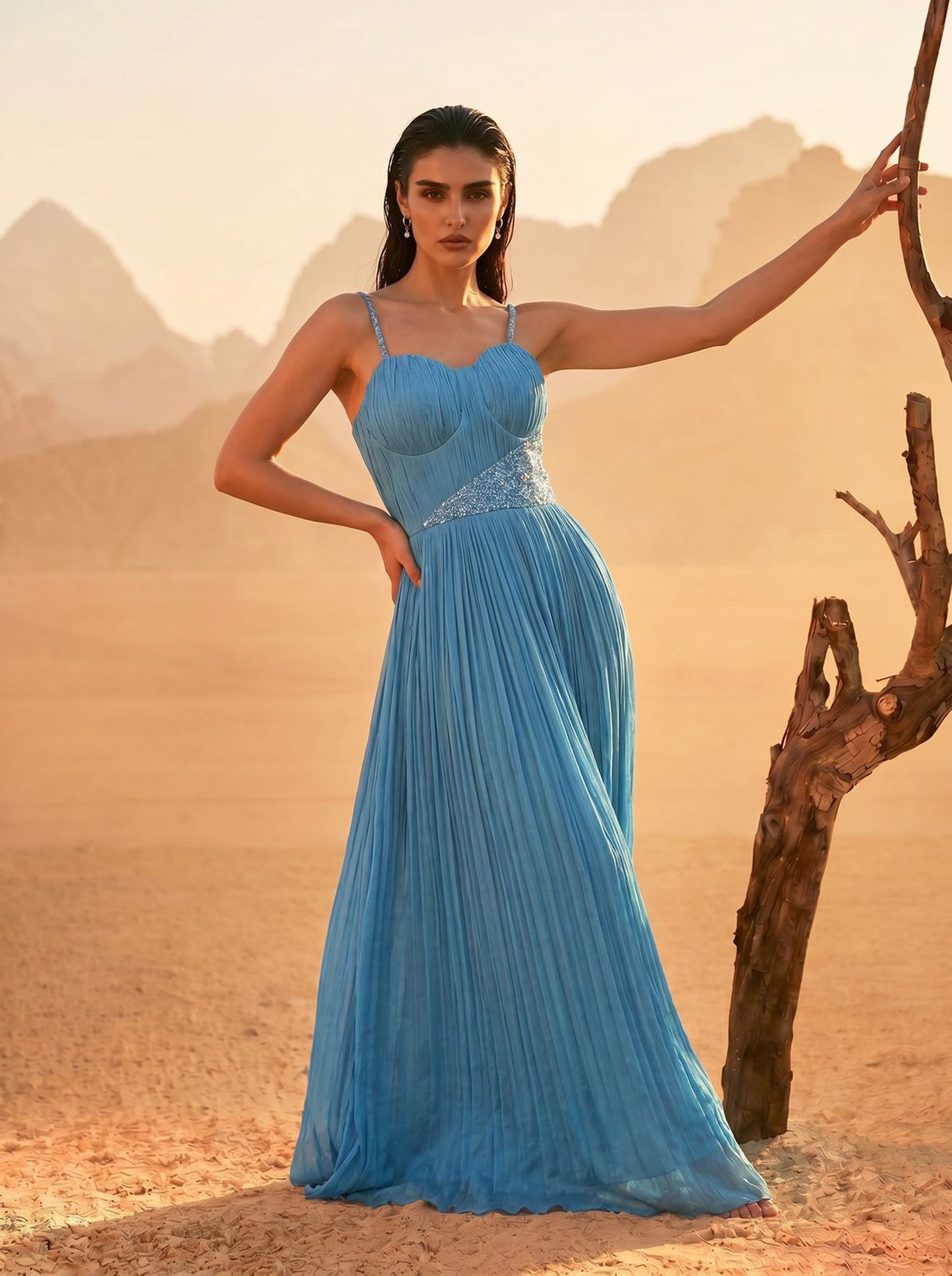 Sky-blue One-Shoulder Pure Chinnon Party Wear Pleated Gown