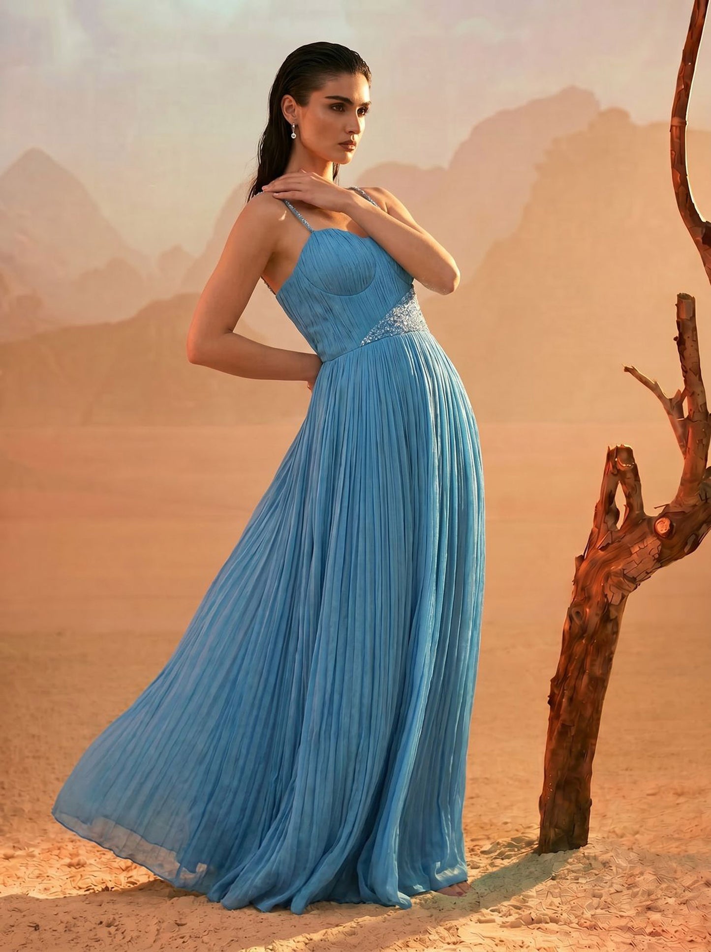 Sky-blue One-Shoulder Pure Chinnon Party Wear Pleated Gown