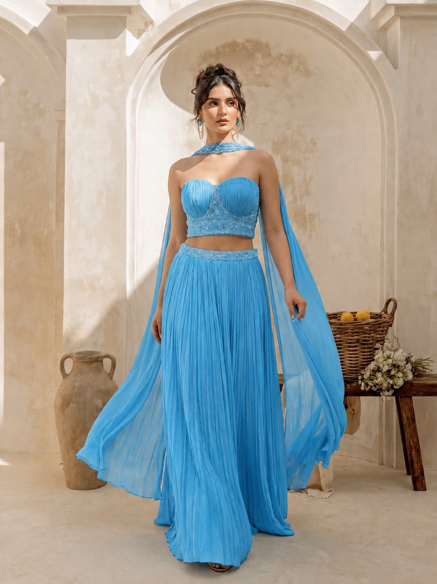 Sky-blue Corset Pure Chinnon Cutdana & Sequence Hand Work Party Wear pleated Skirt & Dupatta