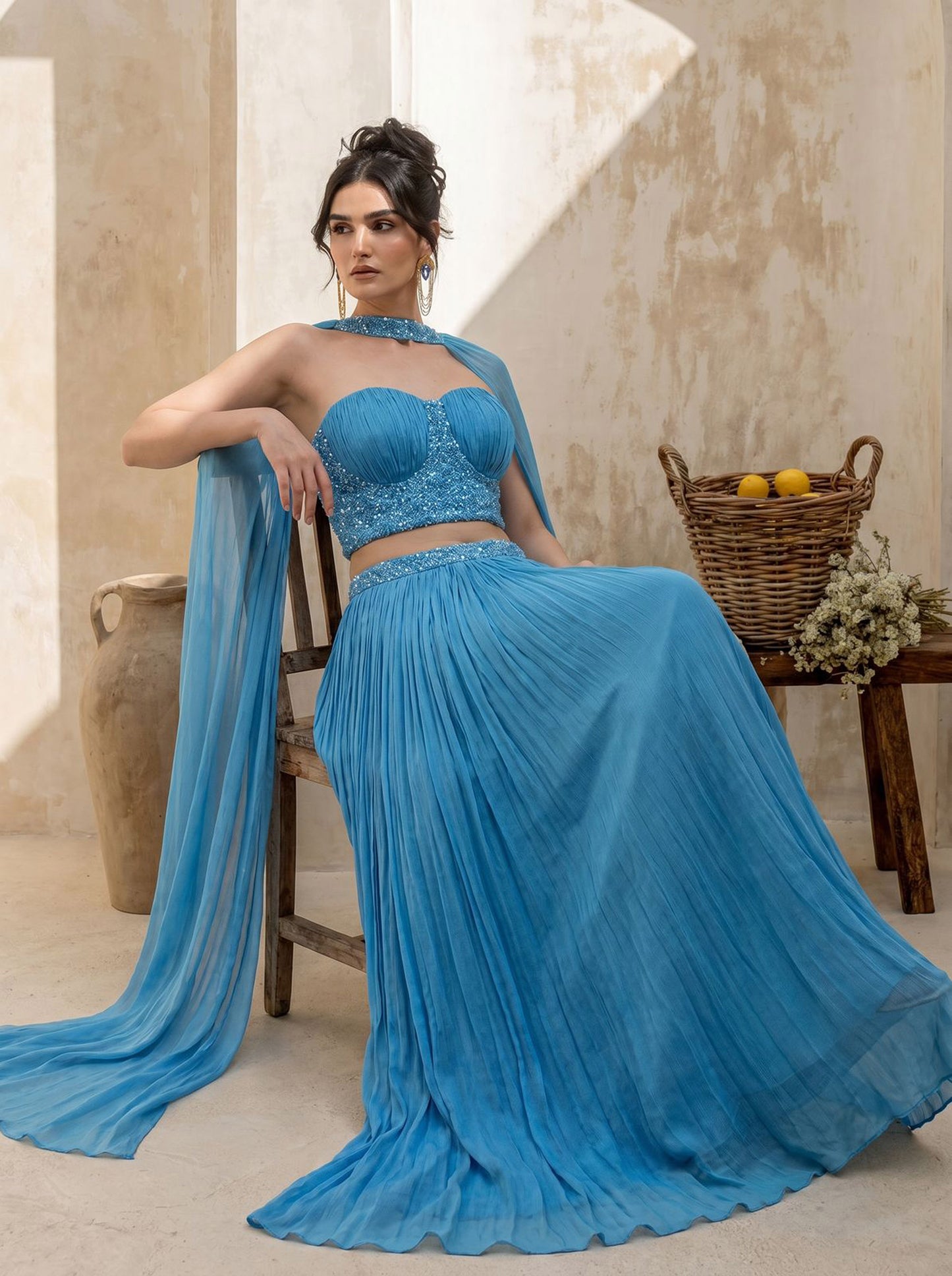 Sky-blue Corset Pure Chinnon Cutdana & Sequence Hand Work Party Wear pleated Skirt & Dupatta