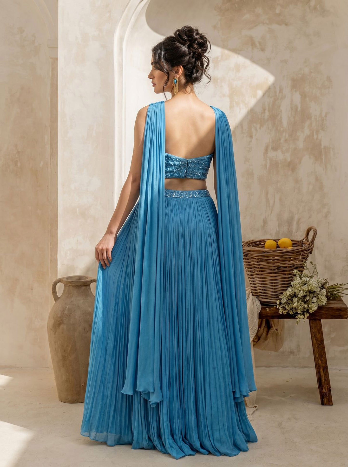 Sky-blue Corset Pure Chinnon Cutdana & Sequence Hand Work Party Wear pleated Skirt & Dupatta