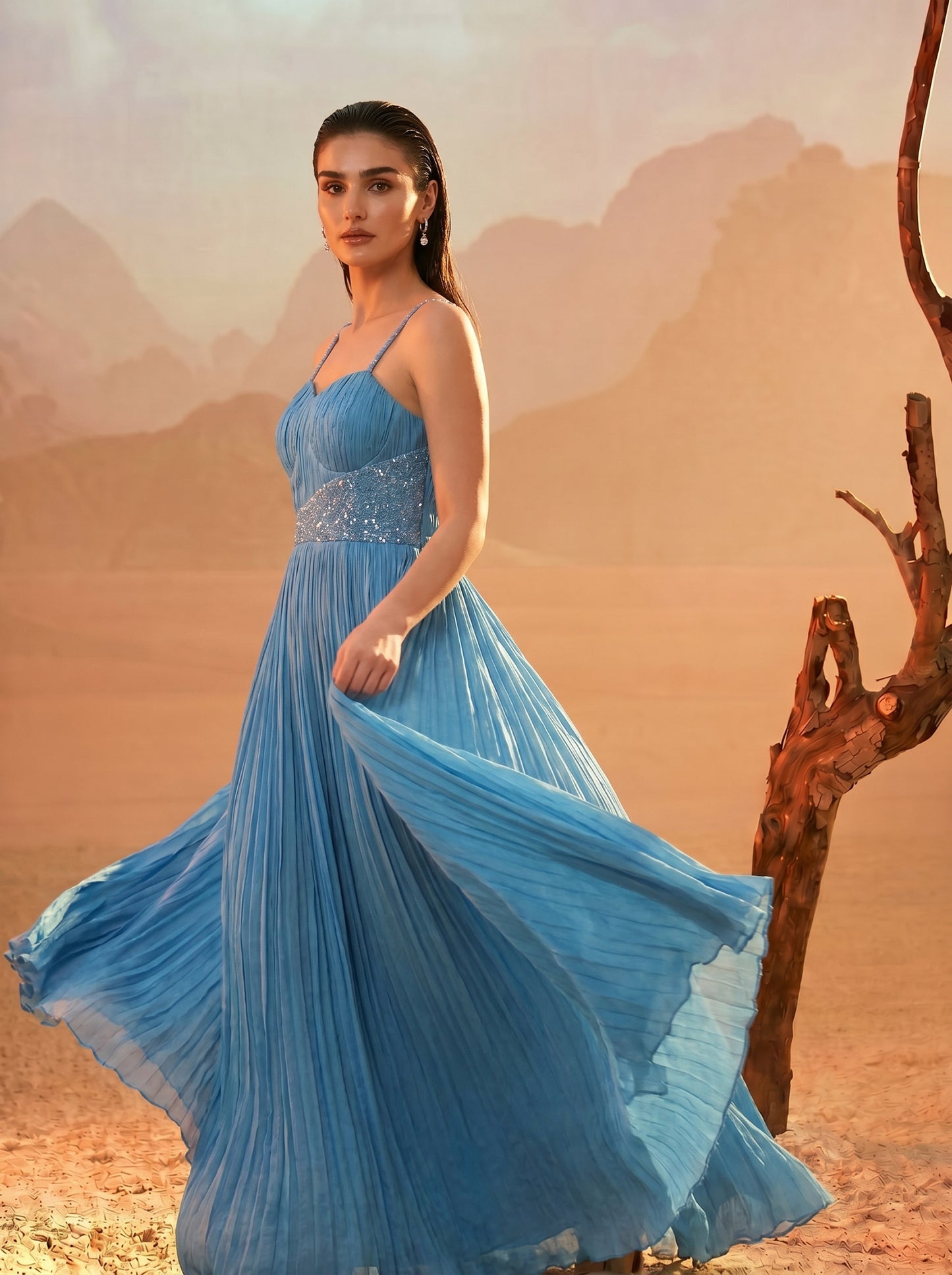 Sky-blue One-Shoulder Pure Chinnon Party Wear Pleated Gown