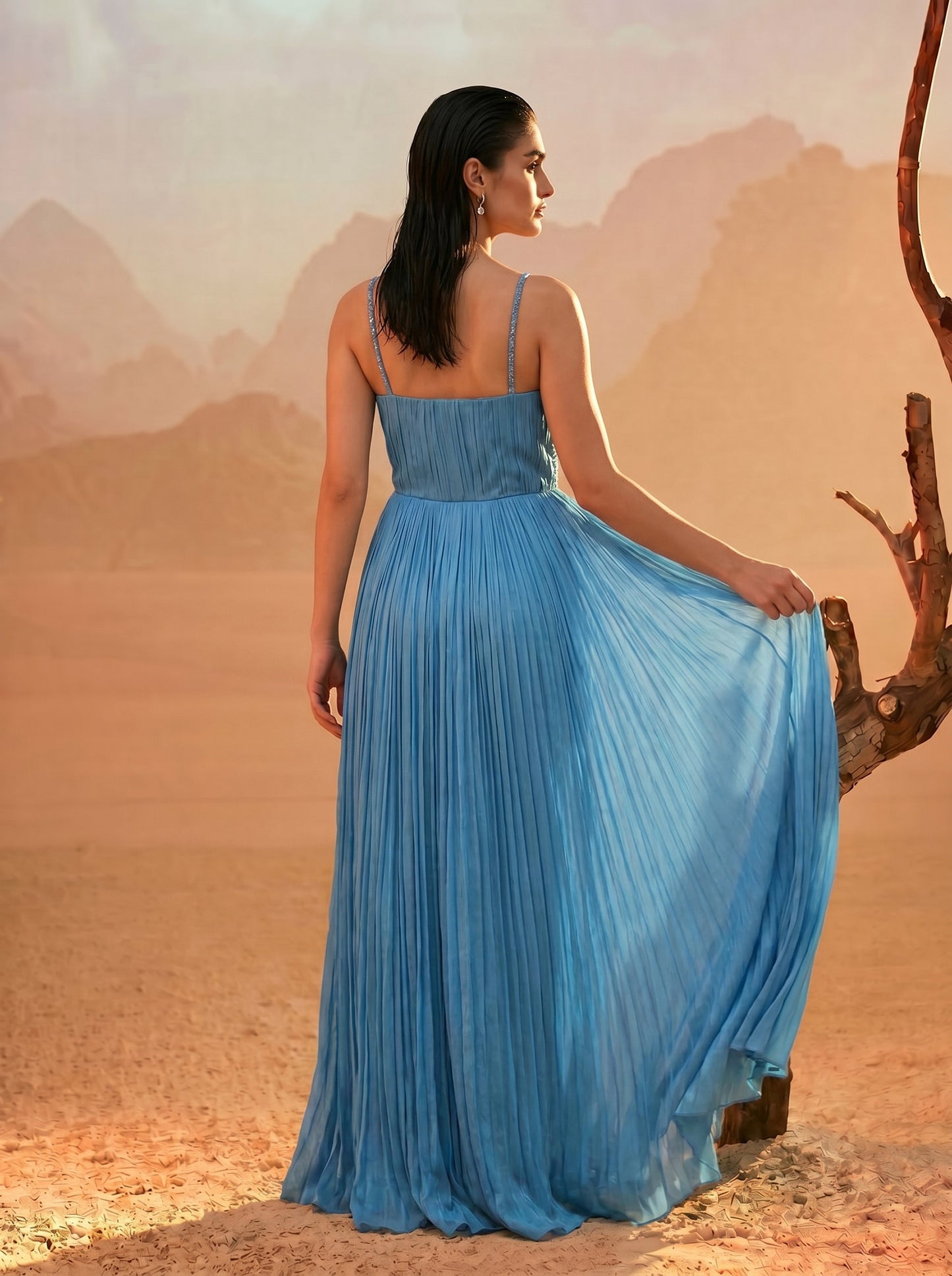 Sky-blue One-Shoulder Pure Chinnon Party Wear Pleated Gown