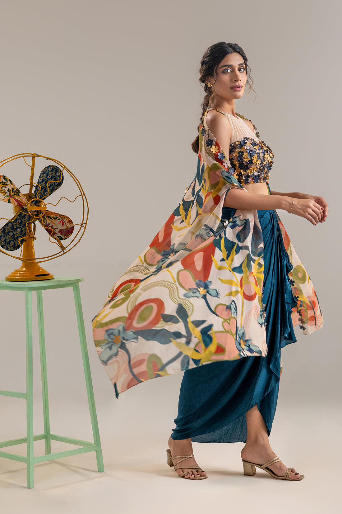 Flora embroidered drape skirt set with a cape