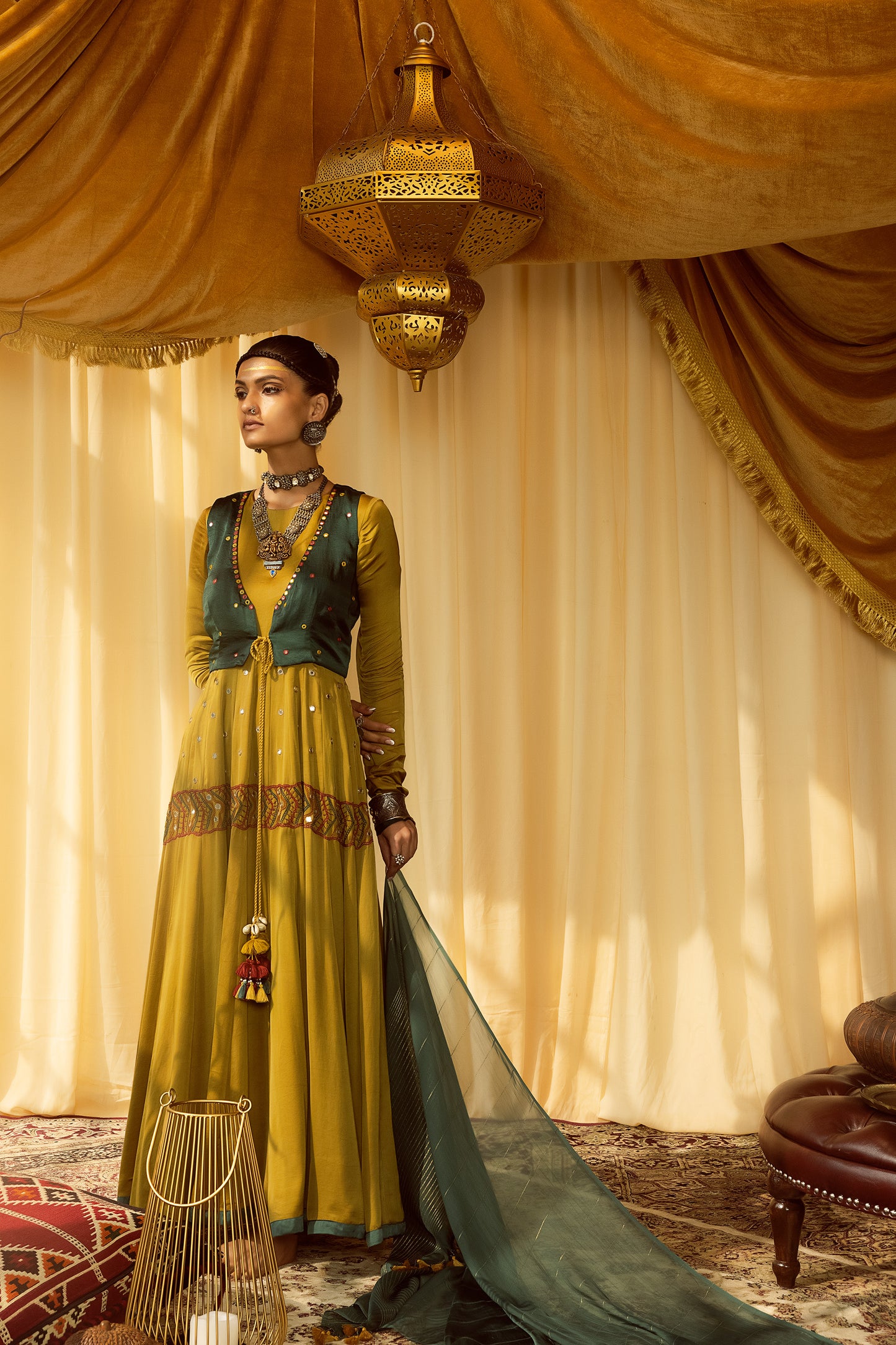 Mustard Anarkali suit with teal waist jacket & dupatta