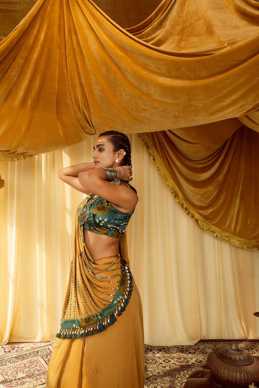 Mustard Saree with mirror work details