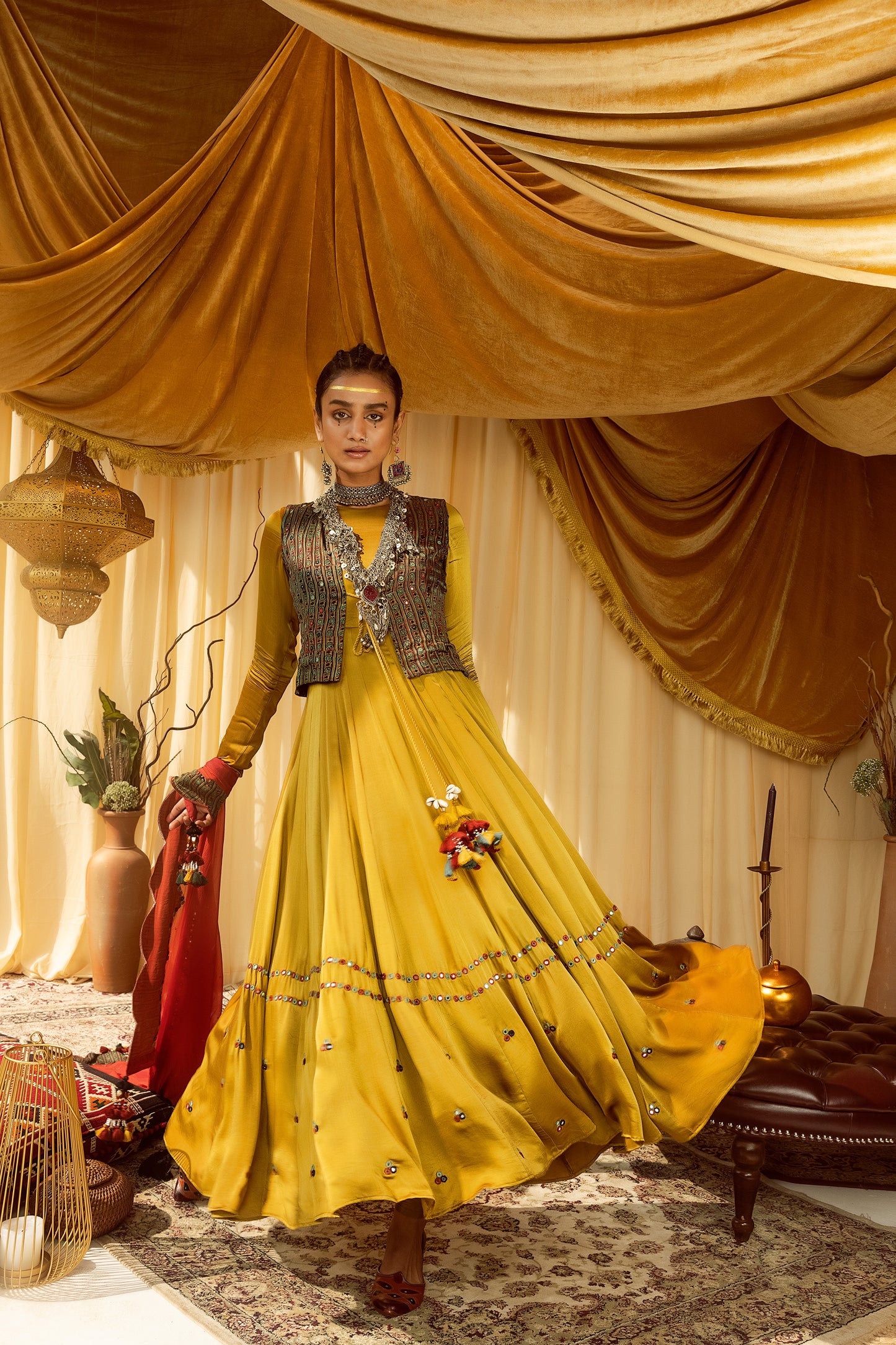 Mustard Anarkali suit with waist coat