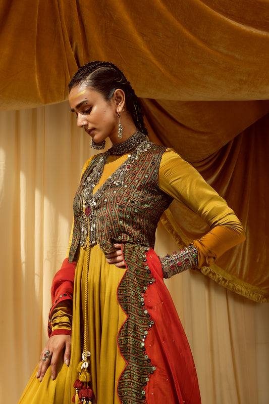 Mustard Anarkali suit with waist coat