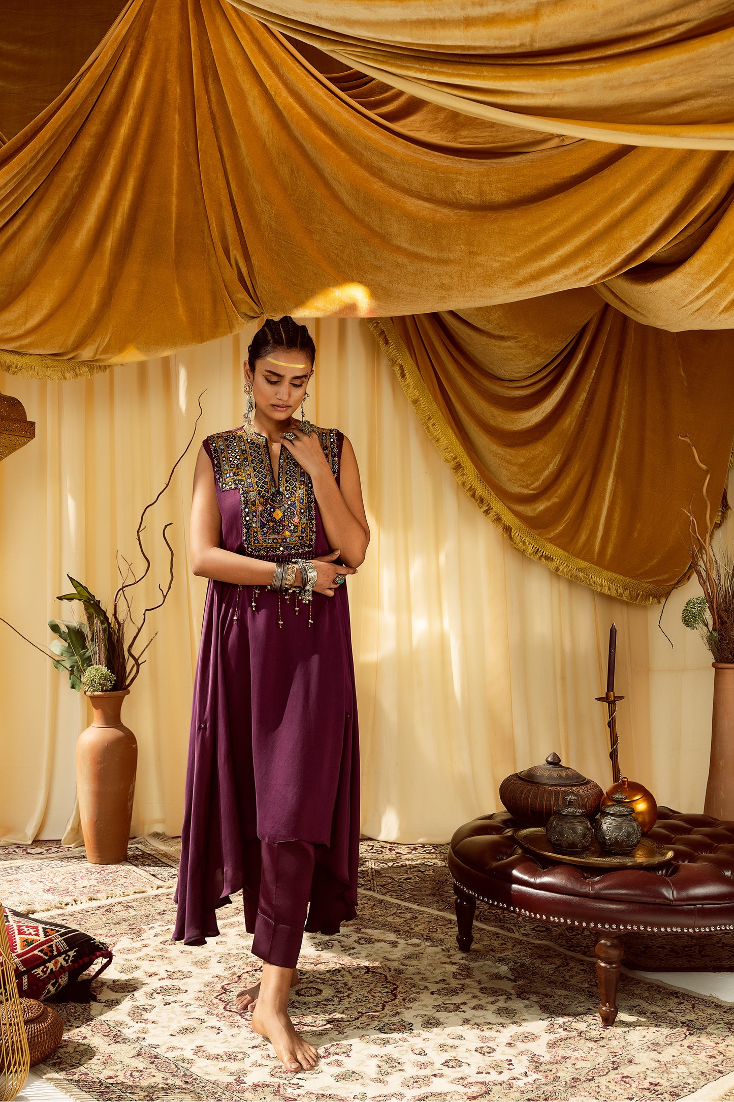 Dark wine asymmetrical kurta with pants