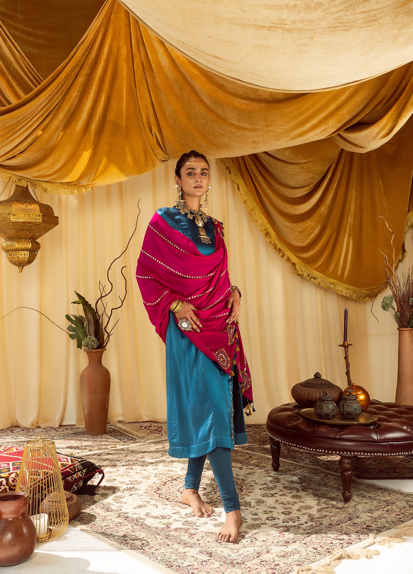 blue A line suit with churidaar & pink dupatta