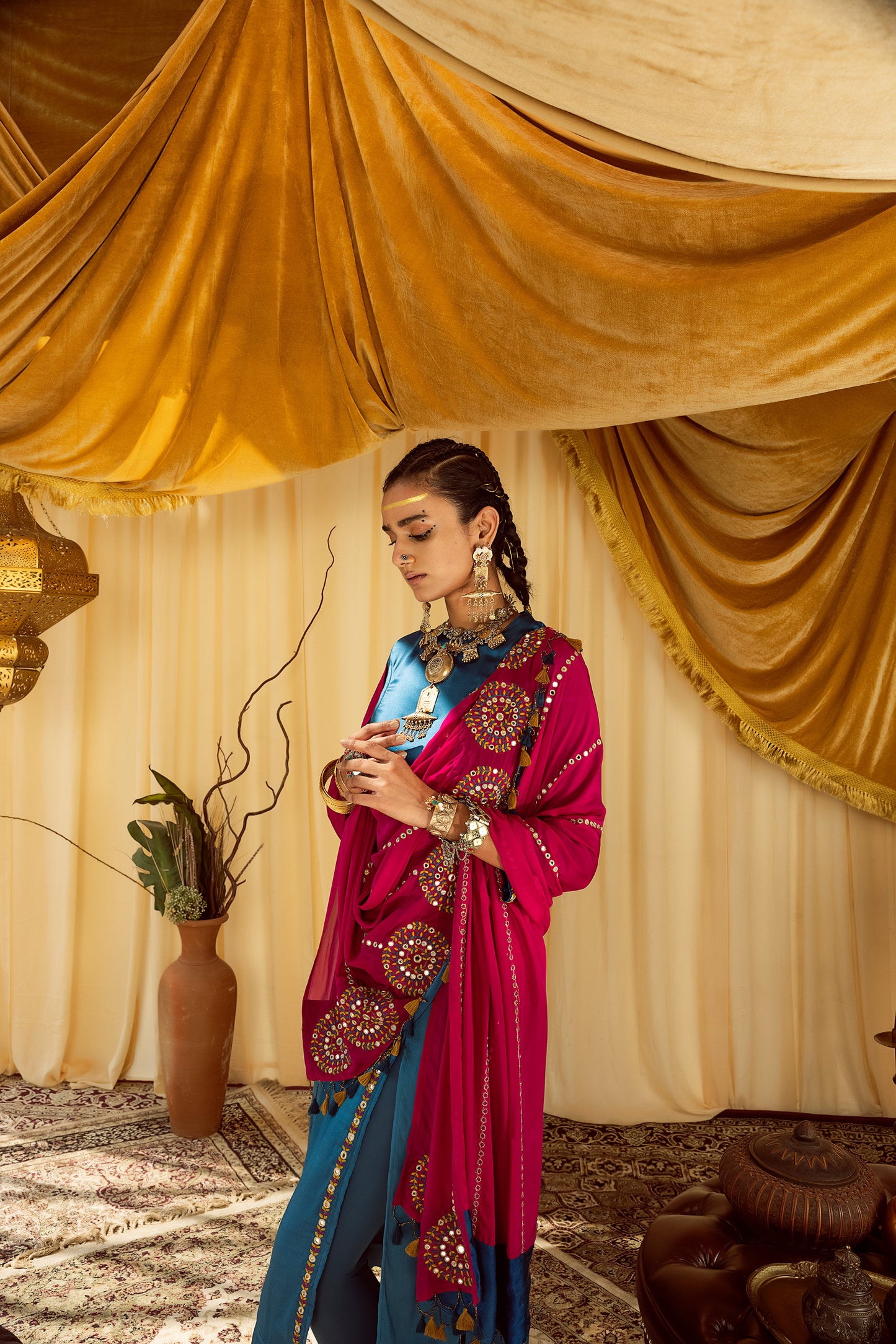 blue A line suit with churidaar & pink dupatta