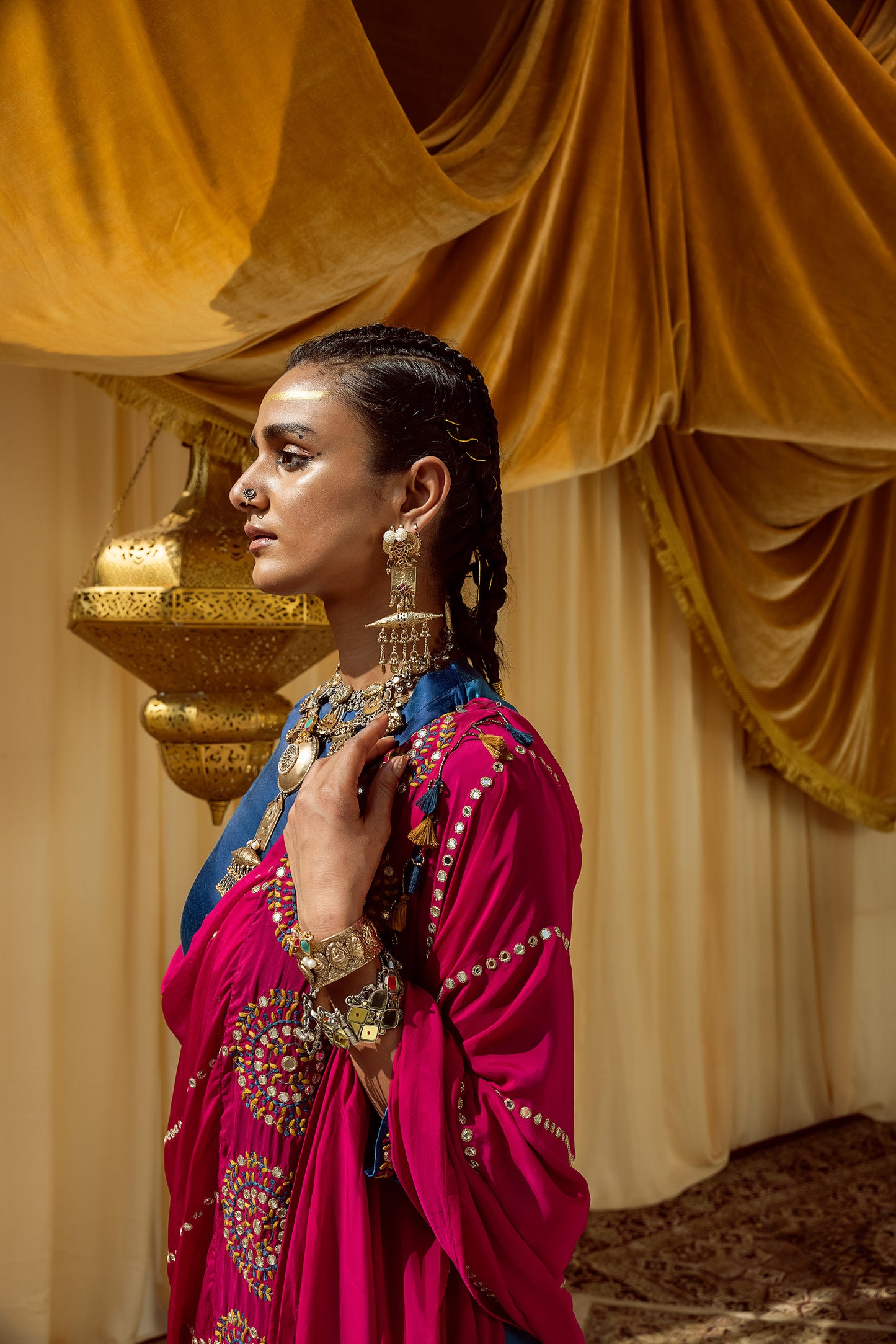 blue A line suit with churidaar & pink dupatta