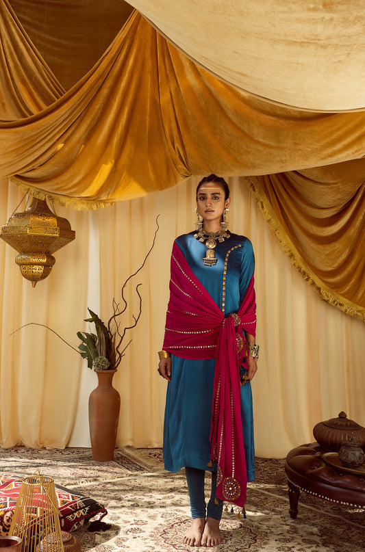 blue A line suit with churidaar & pink dupatta