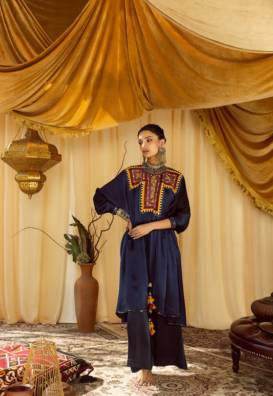 navy blue kaftan set with embroidered neck