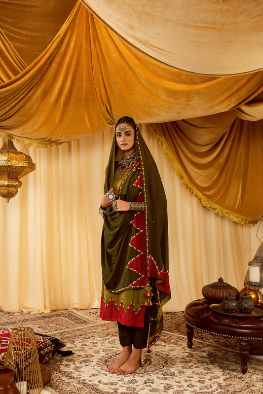 Mehendi green straight suit with hand embroidery