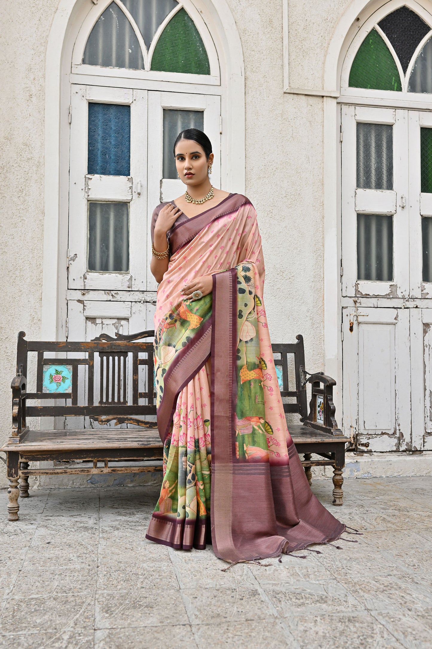 Tanika Peach Soft Tussar Silk Zari Woven Saree