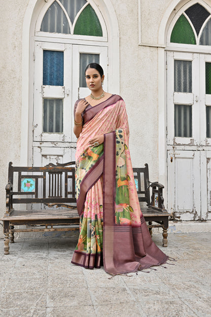 Tanika Peach Soft Tussar Silk Zari Woven Saree