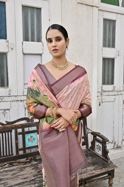 Tanika Peach Soft Tussar Silk Zari Woven Saree