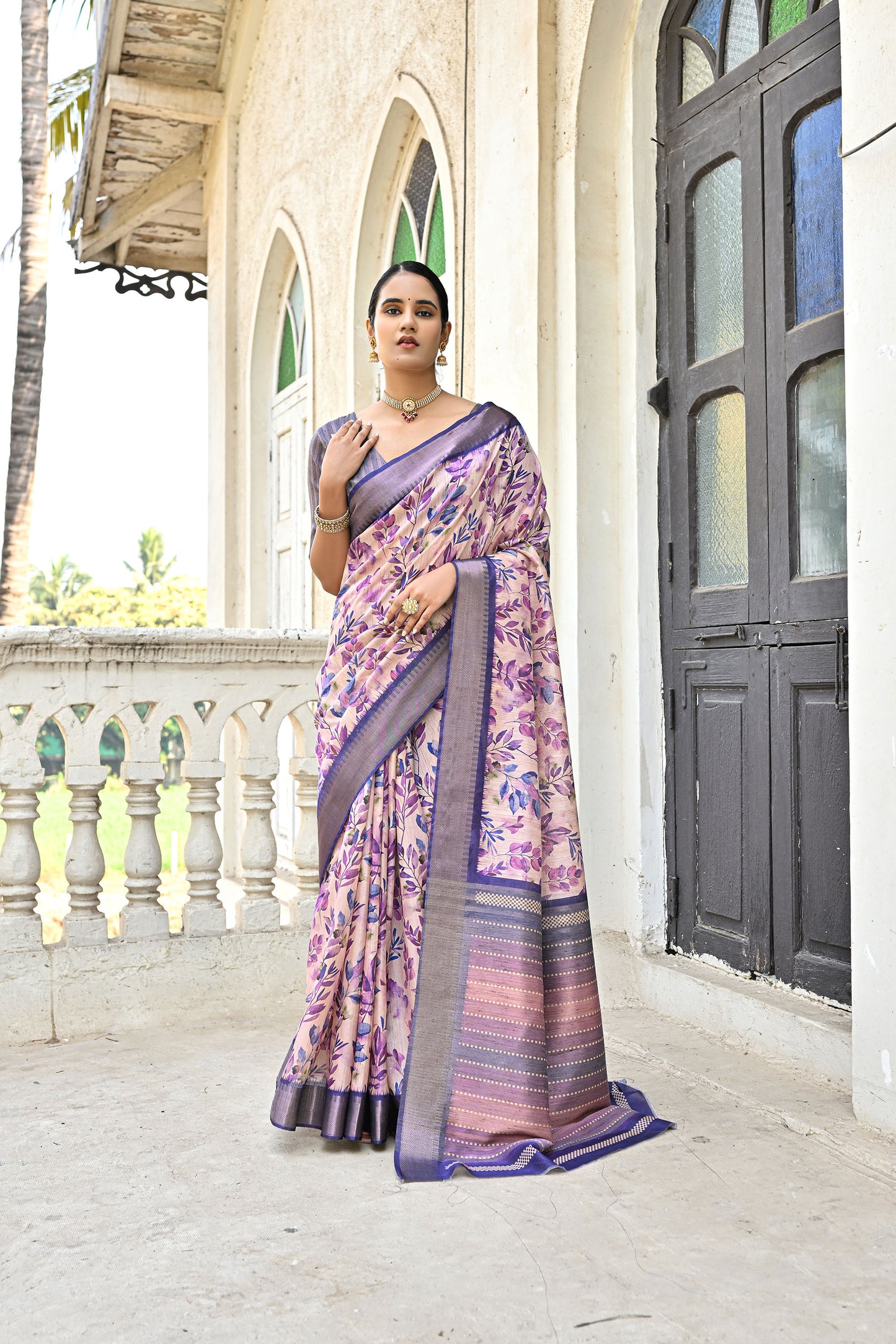 Tanika Pan Blue Soft Tussar Silk Zari Woven Floral printed Saree