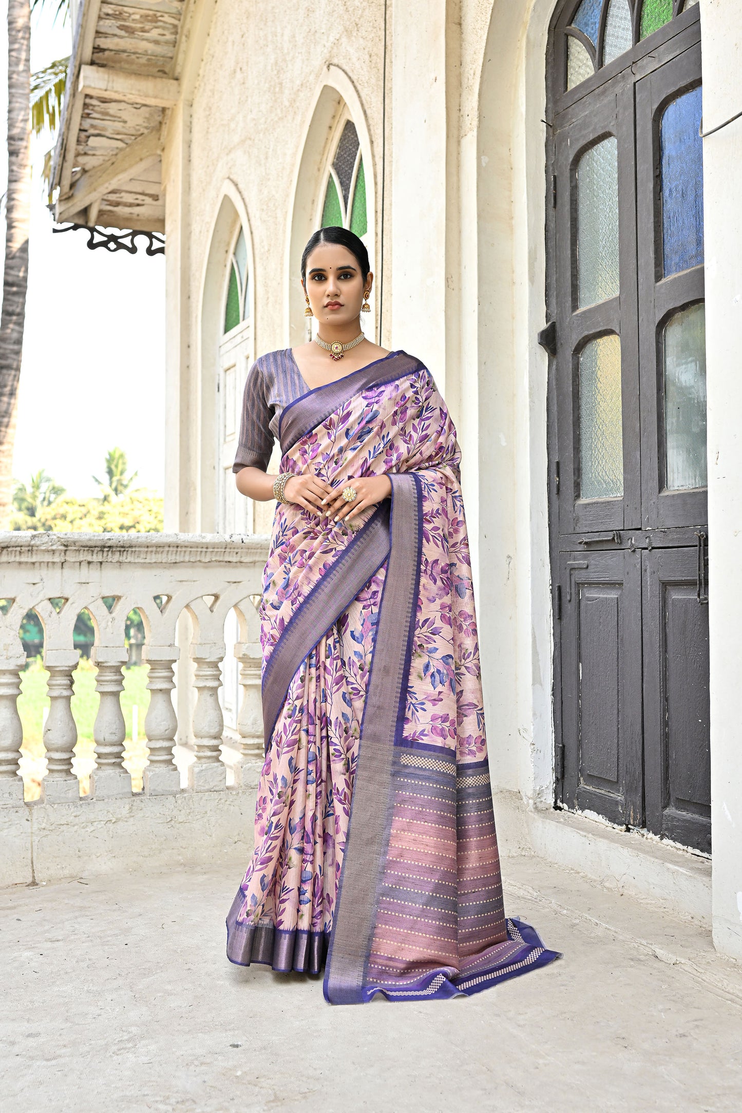 Tanika Pan Blue Soft Tussar Silk Zari Woven Floral printed Saree