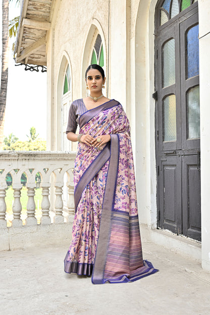 Tanika Pan Blue Soft Tussar Silk Zari Woven Floral printed Saree