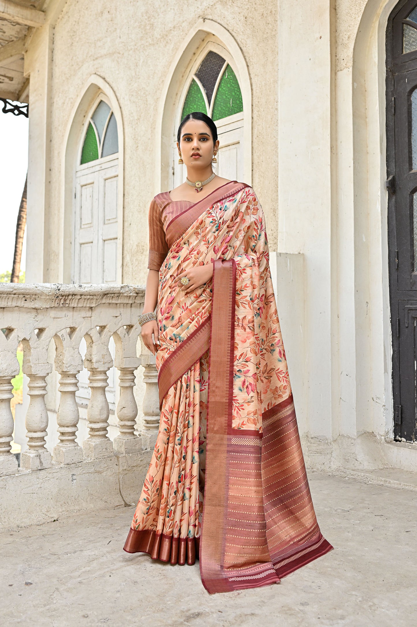 Tanika Pan Coffee Soft Tussar Silk Zari Woven Floral printed Saree