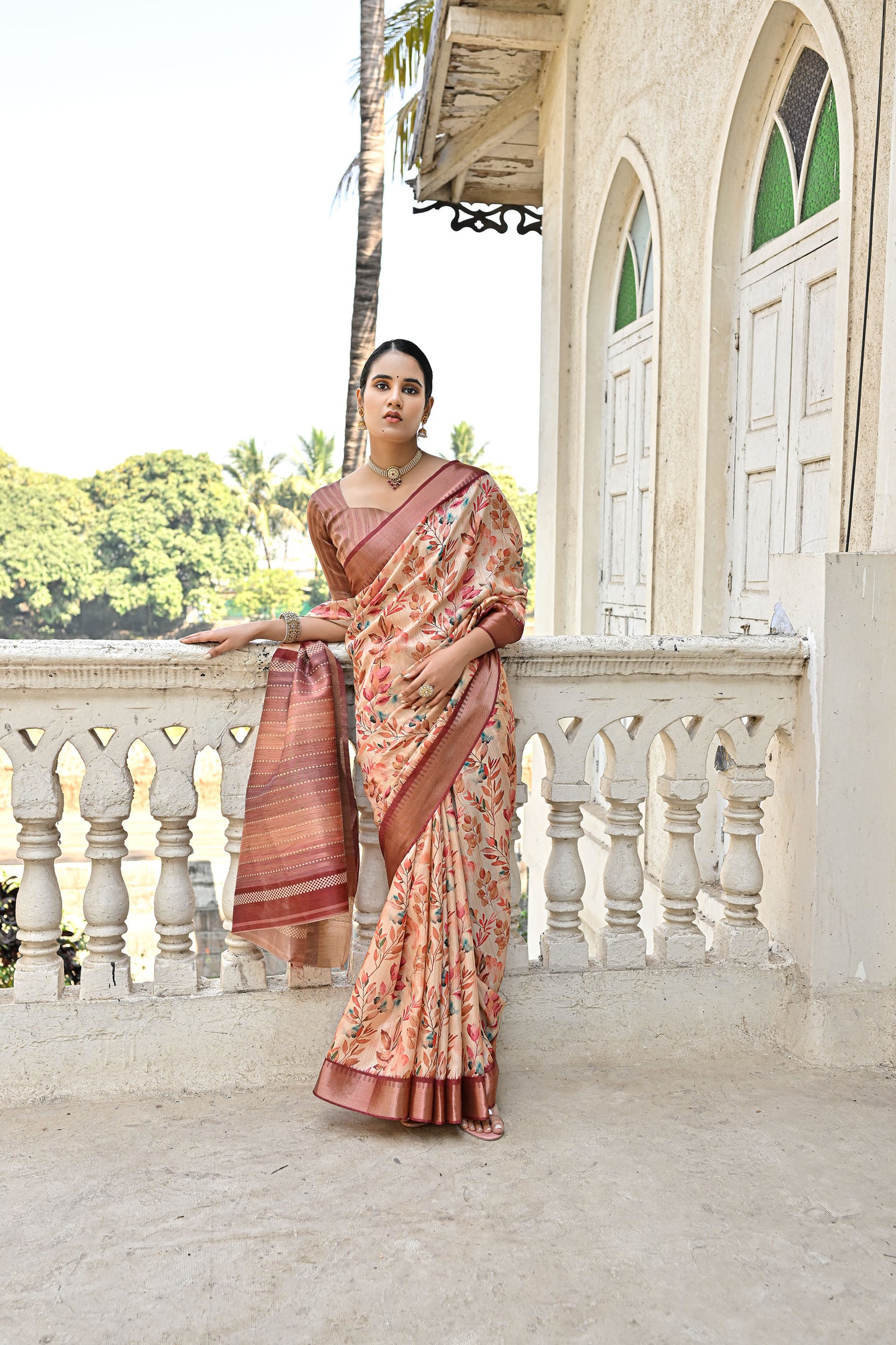 Tanika Pan Coffee Soft Tussar Silk Zari Woven Floral printed Saree