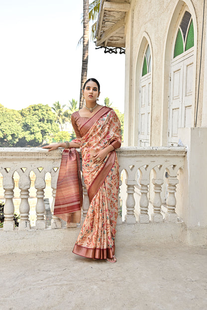 Tanika Pan Coffee Soft Tussar Silk Zari Woven Floral printed Saree