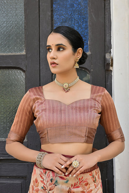 Tanika Pan Coffee Soft Tussar Silk Zari Woven Floral printed Saree