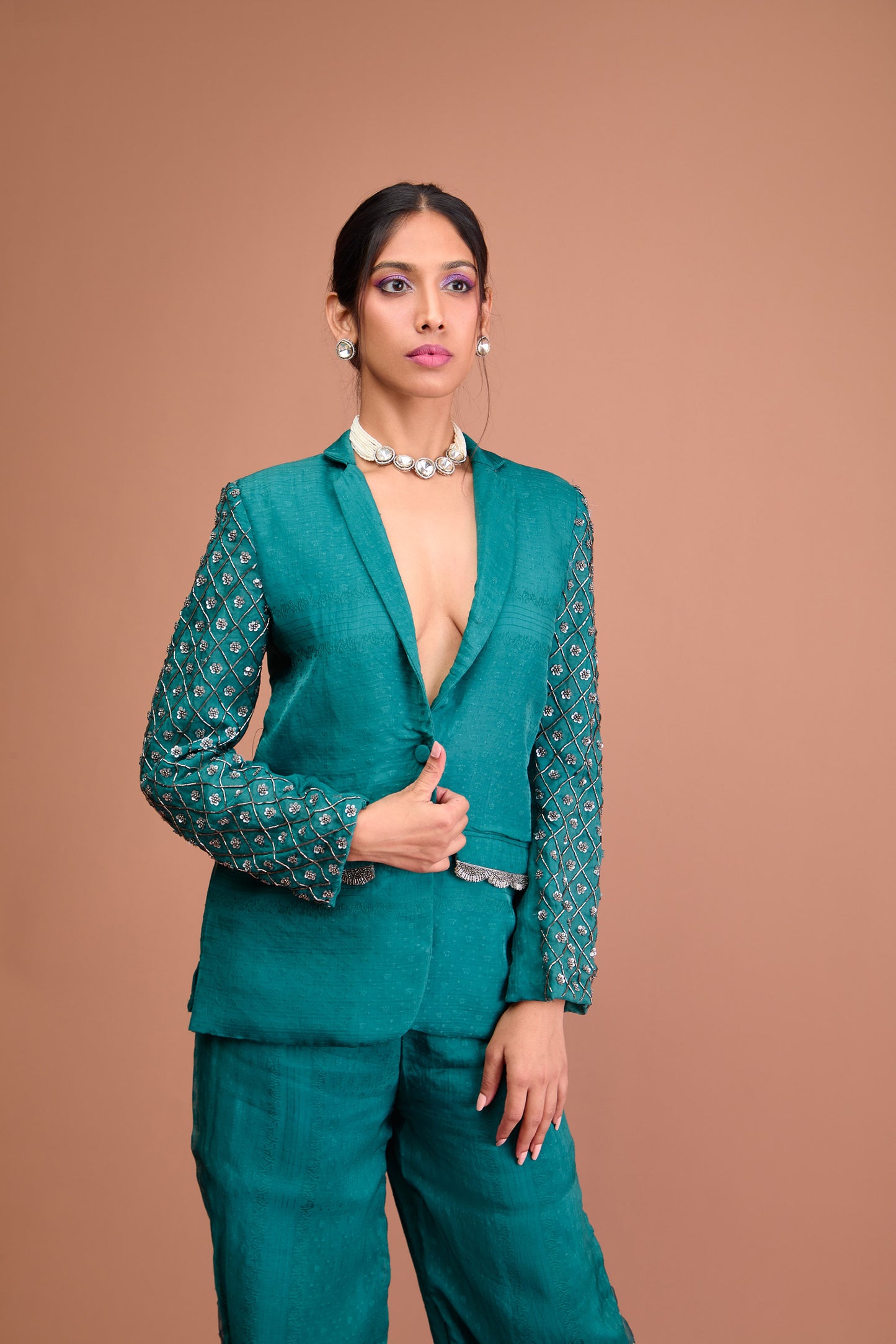 Turquoise Blue Organza jamdani indowestern blazer set