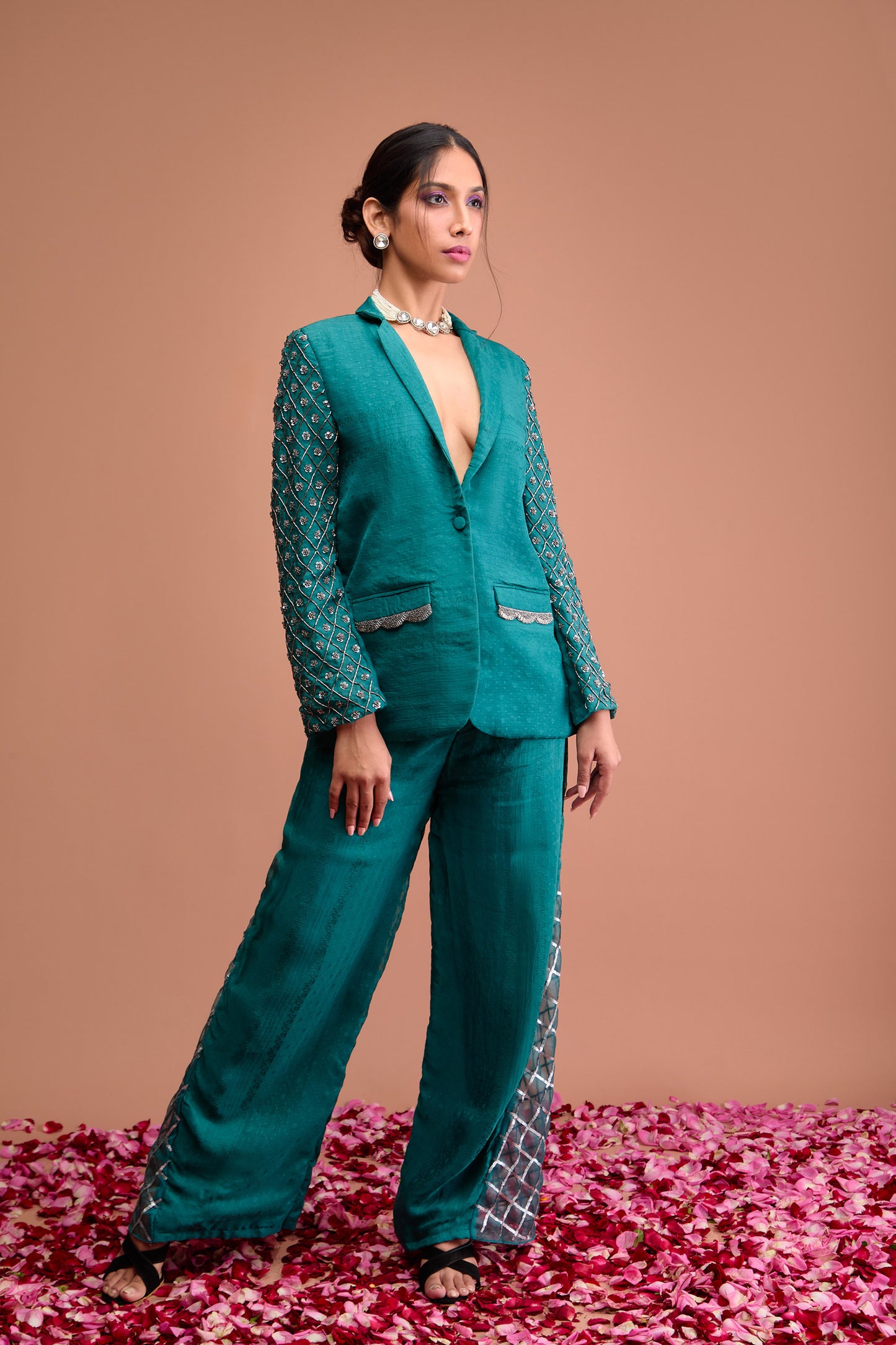Turquoise Blue Organza jamdani indowestern blazer set