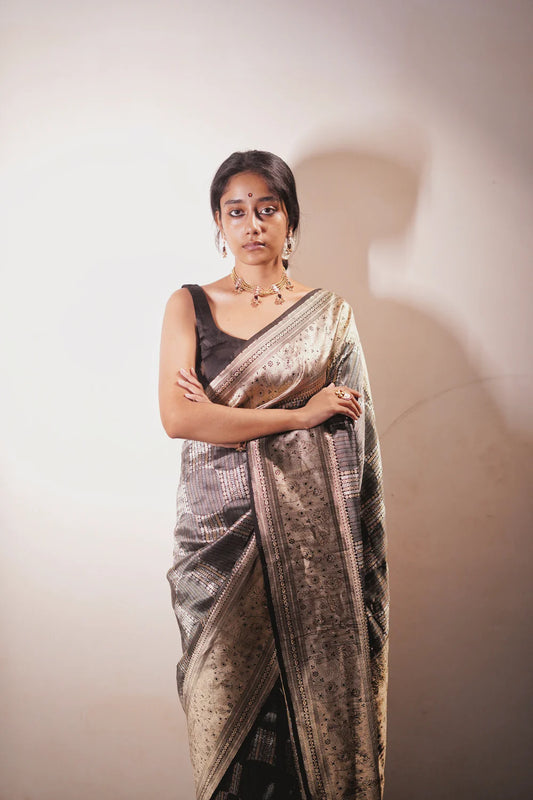 Handloom Grey & Black Brocade Banarasi pure silk Saree