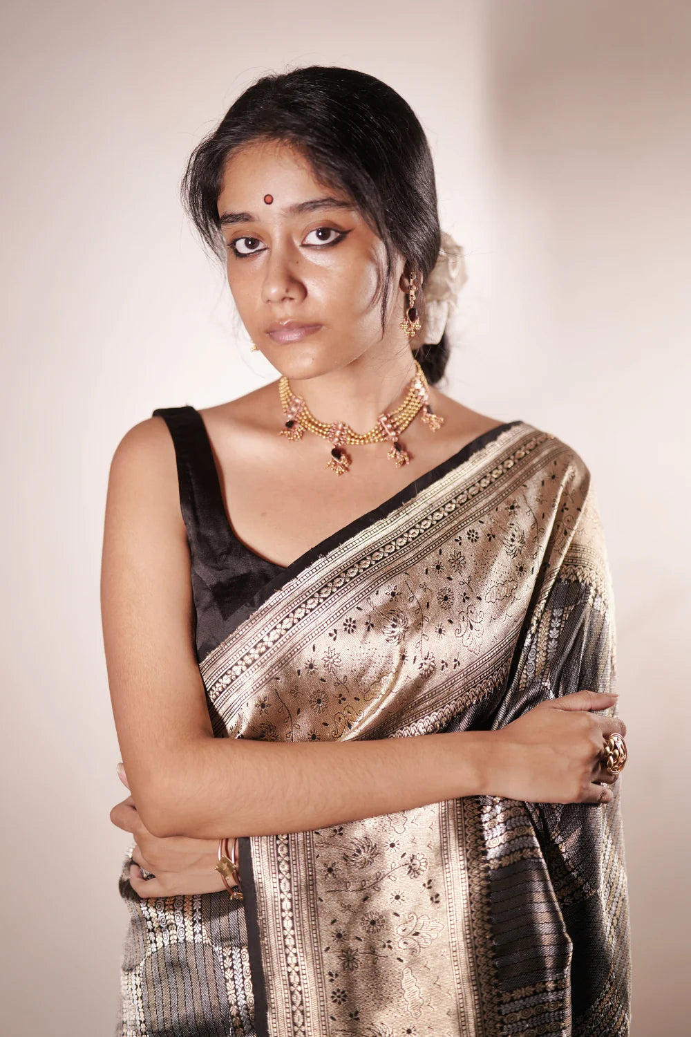 Handloom Grey & Black Brocade Banarasi pure silk Saree