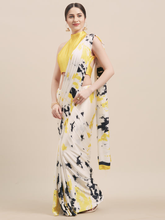 Off White & Yellow Color blocked Satin Saree