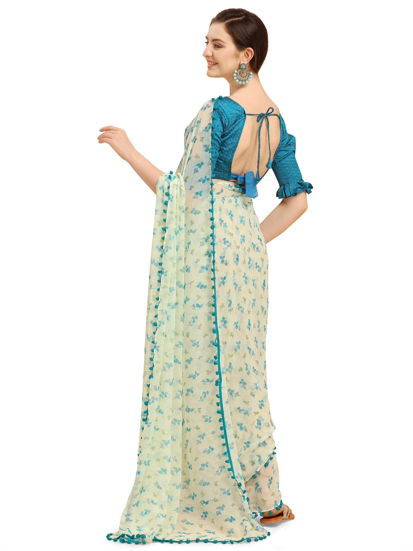 Green Floral Printed Georgette Saree With Pom Pom