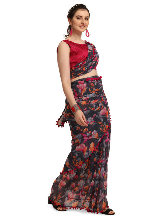 Grey and Pink Floral Printed Poly Georgette Saree with Pom Pom Border