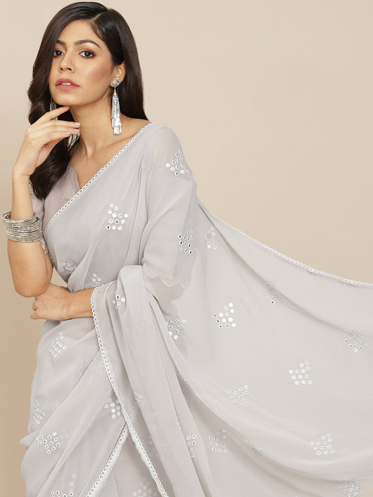 Silver Georgette Embroidered Mirror-Work Saree
