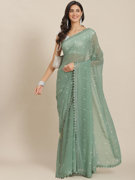 Green Batik Printed Georgette Saree With Chikankari Lace