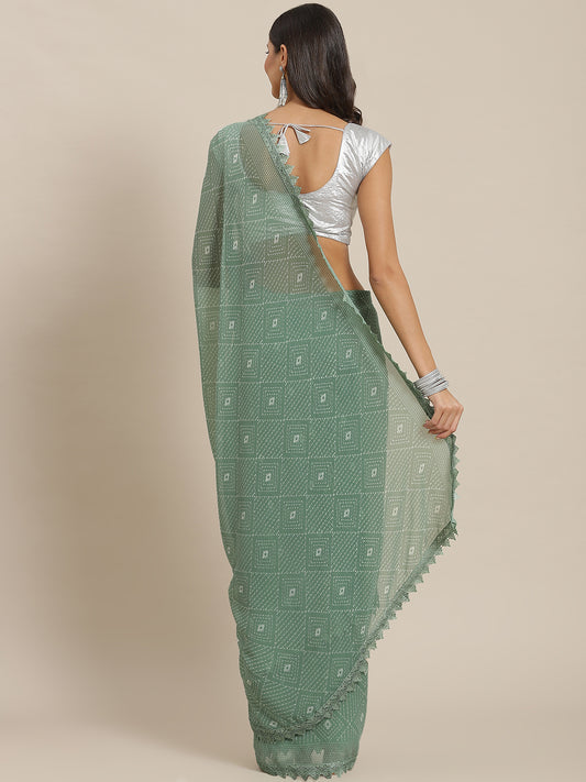 Green Batik Printed Georgette Saree With Chikankari Lace