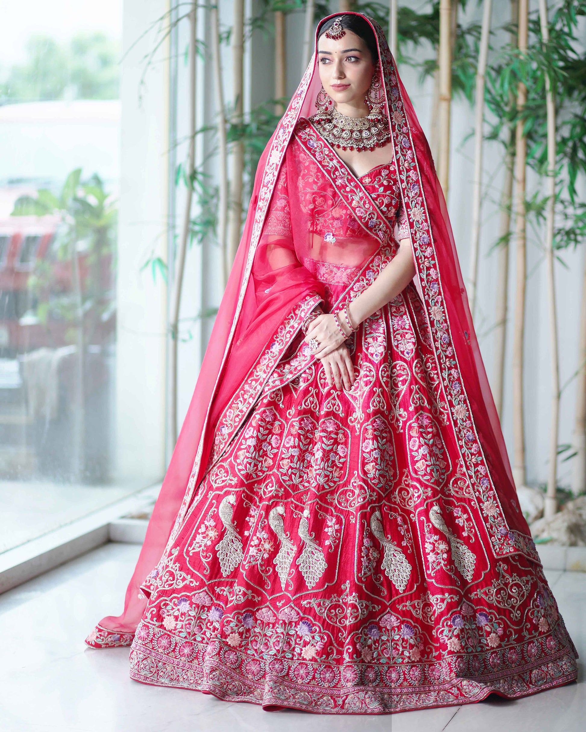 Peacock Garden Lehenga Set- Red XS